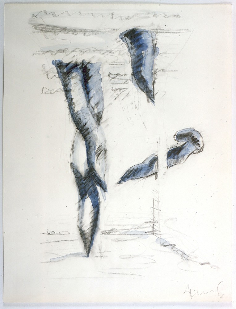 Claes Oldenburg &amp; Coosje van Bruggen Proposal for Sculpture in the Form of Nails Projecting into a Room, 1985 graphite and watercolor on paper ​30 1/16 x 23 in. (76.4 x 58.4 cm)