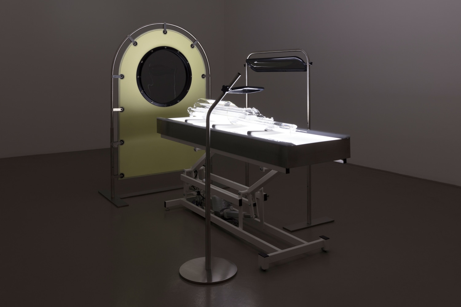 Tauba Auerbach Non-Invasive Procedure, 2018 adjustable height medical table, light box, three lenses with stainless steel supports, polarized film, plastic and glass medical table overall dimensions: 69 1/2 x 48 x 95 in. (176.5 x 121.9 x 241.3 cm)