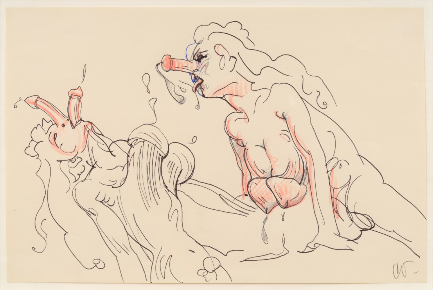Claes Oldenburg Two Figures, 1969 ball point pen and colored pencil on paper 5 5/16 x 9 1/16 in. (13.5 x 23 cm) on sheet 11 x 8 1/2 in. (27.9 x 21.6 cm) frame: 14 x 16 3/4 x 1 1/4 in. (35.6 x 42.5 x 3.2 cm)