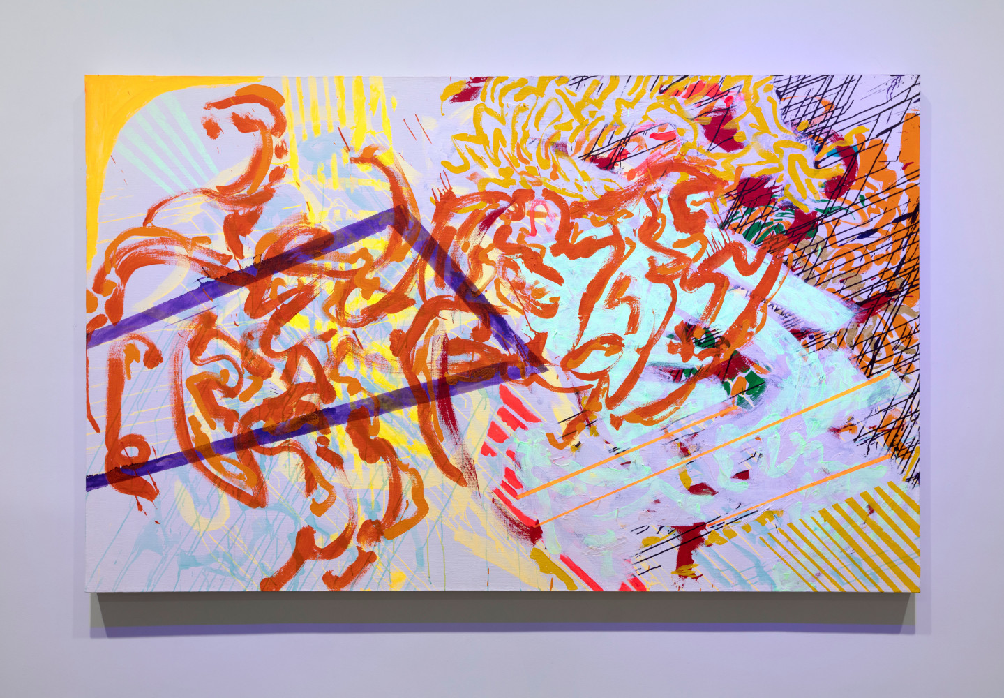 Mark di Suvero
Ergo, 2016
acrylic and phosphorescent paint on linen
65 x 105 x 2 1/2 in. (165.1 x 266.7 x 6.4 cm)
frame: 74 x 114 x 9 in. (188 x 289.6 x 22.9 cm)
 