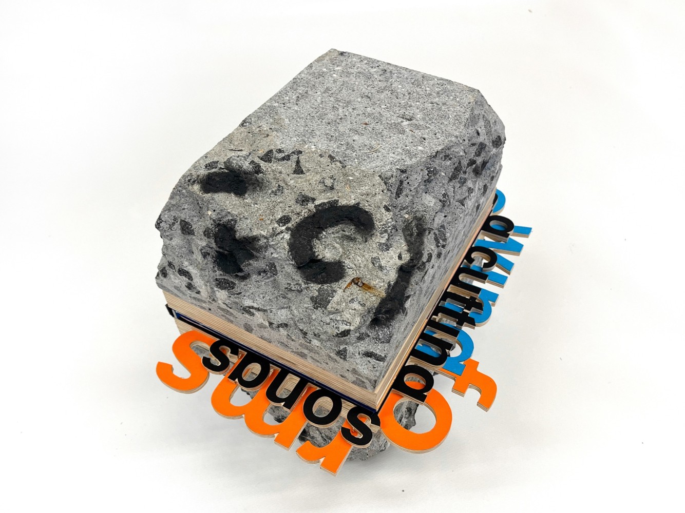 Rafael Domenech
Chanting cutting song (an ever interface), 2023
collected sidewalk concrete, plywood, laser-print on various papers, archival adhesive, book cloth
closed: 16 x 11 1/2 x 13 in. (40.6 x 29.2 x 33 cm)
open:  16 x 20  x 6 1/2 in. (40.6 x 50.8 x 16.5 cm)