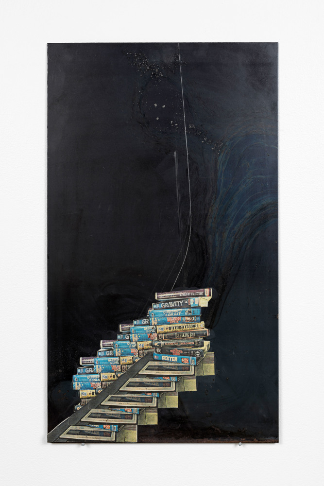 Matias Faldbakken Untitled (VHS), 2015 newspaper print on steel plate 27 1/2  x 15 3/4 in. (69.9 x 40 cm)