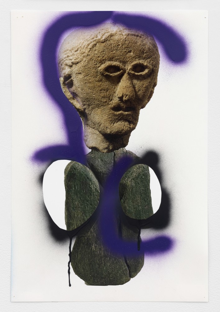 Justin Matherly
untitled, 2021
inkjet print, spray paint and collage
image: 19 x 13 in. (48.3 x 33 cm)
frame: 21 1/5 x 15 1/2  x 1 1/2 in. (53.8 x 39.4 x 3.8 cm)
signed and dated verso "Justin Matherly 2021" 