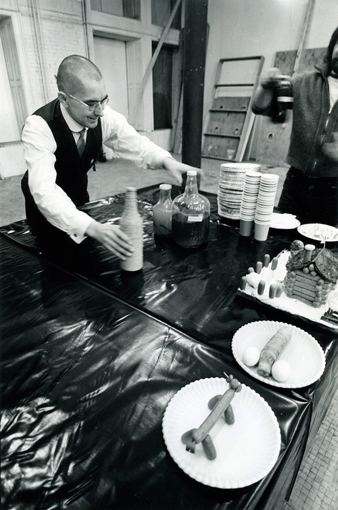 Peter Moore "George Maciunas, New Year's Eve, 80 Wooster Street, NY" December 31, 1969 Gelatin silver print 9 1/2 x 6 3/4 in.