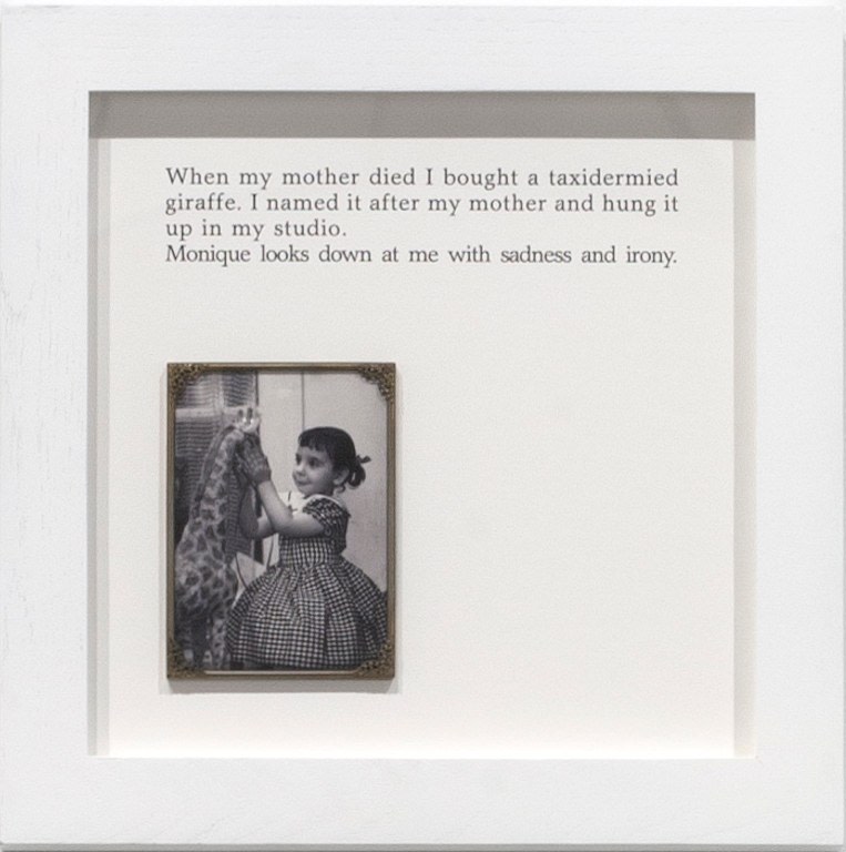 Sophie Calle
Autobiographies (The Giraffe)&amp;nbsp;(detail), 2012
digital print mounted on aluminum, text panel with black &amp;amp; white photograph and found frame
framed text: 19 3/4 x 19 3/4 in. (50 x 50 cm)
framed photograph: 80 3/4 x 43 3/8 in. (205 x 110 cm)&amp;nbsp;
Edition 4 of 5 (English)
Edition of 5 + 1 AP (English), Edition of 5 + 1 AP (French)