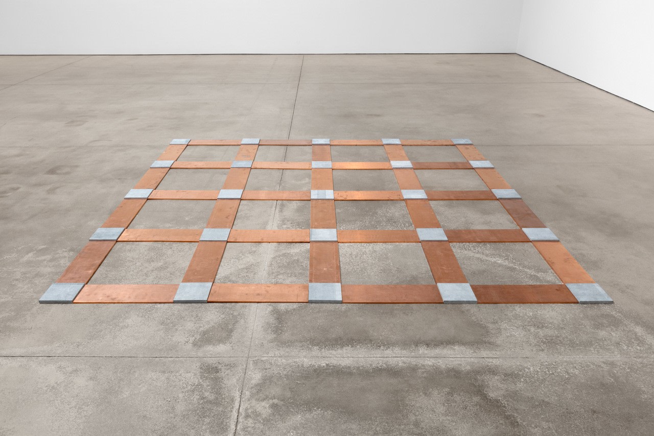 Carl Andre &quot;Copper Blue Lattice&quot; 1990 Copper and limestone 3/4 x 133 7/8 x 134 1/8 in