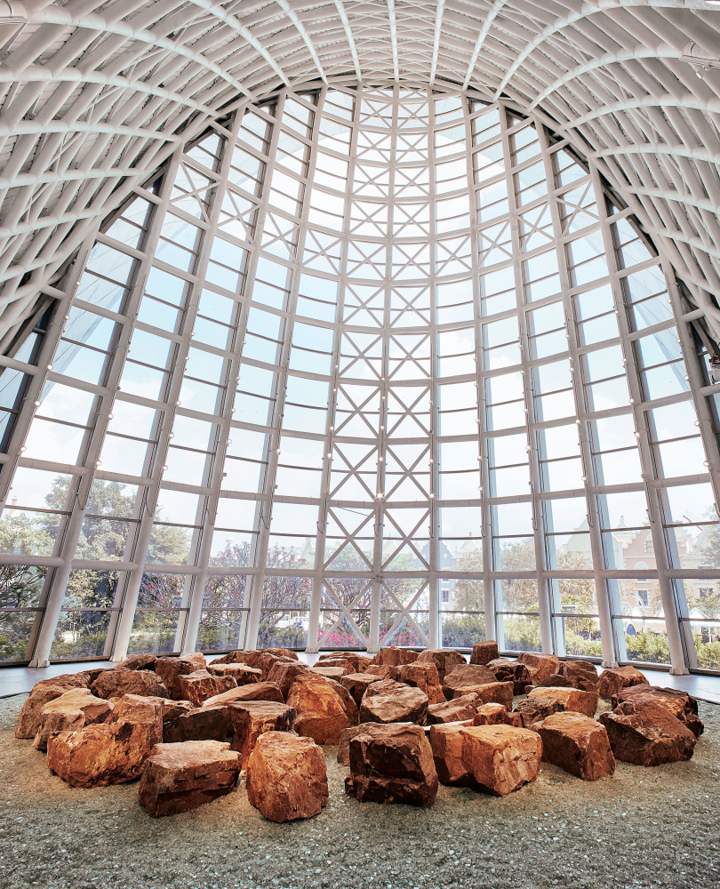 Céleste Boursier-Mougenot miner(e)ality, 2020 crushed recycled glass, 59 boulders, custom wood frame 14 x 14 m (46 x 46 feet) Installation view, The Tides of the Century, Ocean Flower Island Museum, Danzhou, Hainan Province ​February 8 – December 8, 2021