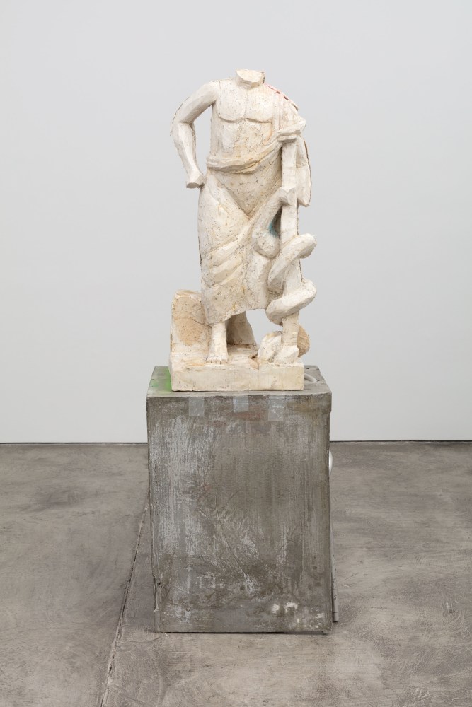 Justin Matherly Untitled (Fear, Anxiety and Joy), 2016 Modified gypsum, spray paint, acrylic paint, concrete, ambulatory equipment figure: 38 1/2 x 19 x 16 in. (97.8 x 48.3 x 40.6 cm); base: 30 1/4 x 23 1/2 x 23 1/4 in. (76.8 x 59.7 x 59.1 cm); sculpture: 68 3/4 x 42 1/2 x 39 1/4 in. (174.6 x 108 x 99.7 cm)