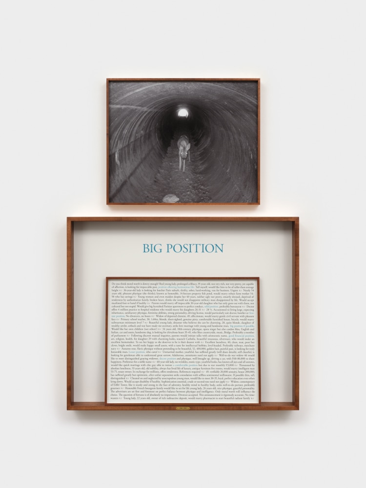Sophie Calle, On the Hunt, Women Seeking Men 1940–1950 (Big Position), 2024, one text panel and two photographs (color, black and white) in a double-sided frame. © 2025 Sophie Calle / Artists Rights Society (ARS), New York / ADAGP, Paris. Photo: Steven Probert