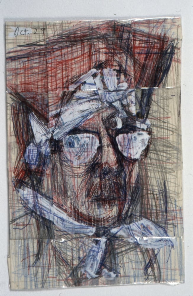 Michael Hurson "Self-portrait" 2001 Graphite, Conte crayon, White-out on paper / collage, laminated with Scotch tape 10 x 7 in.