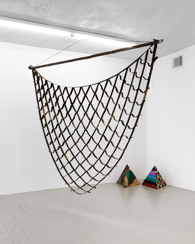 Alan Shields "Singing Toy Car" 1975 Acrylic paint, cotton belting, cotton thread, bearss, wire 79 x 97 x 1 1/4 in.