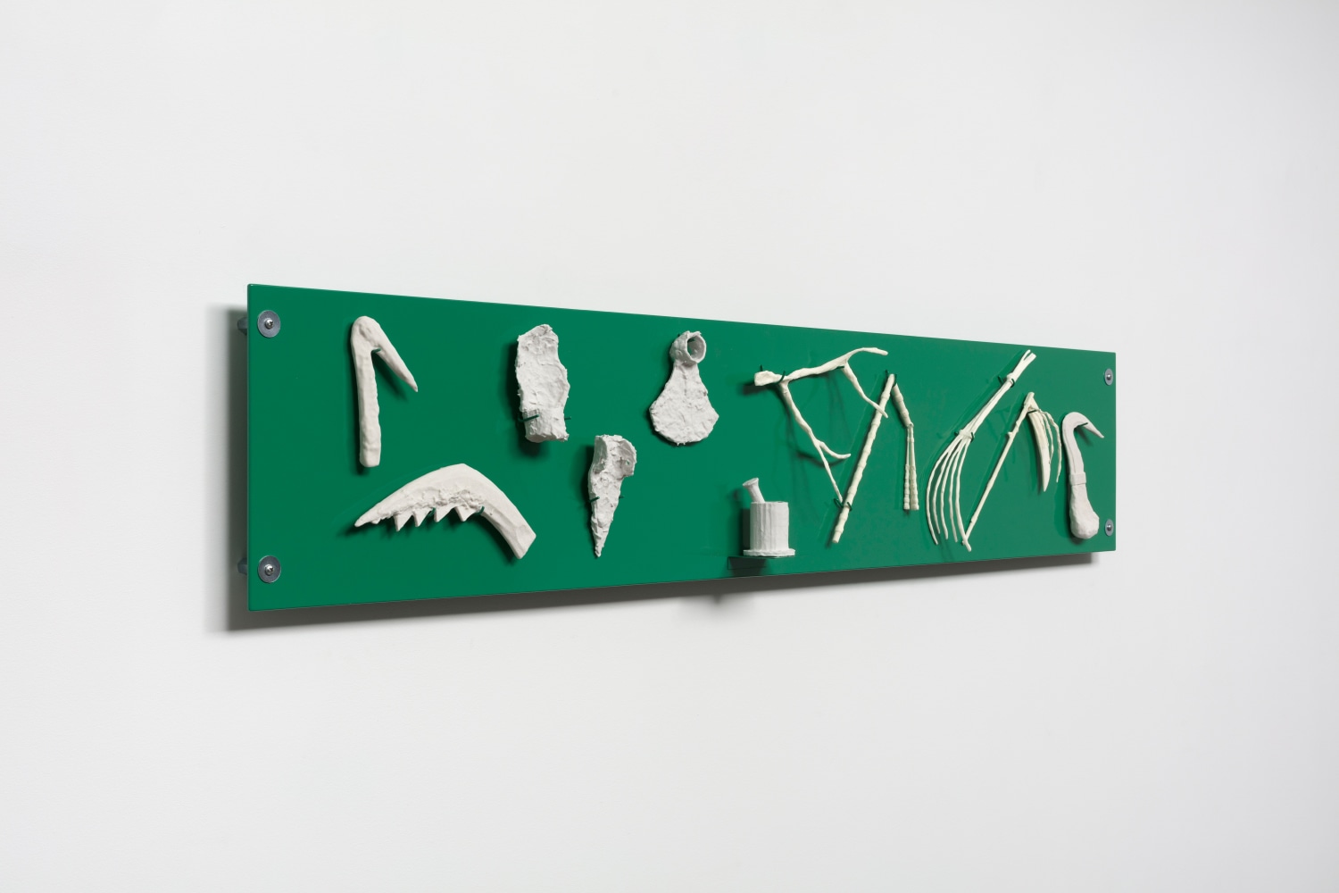 Liz Glynn, To Sow, 2016/2017, Eleven 3-D printed gypsum and nylon elements on powder-coated steel, 15 x 78 x 4 in. (38.1 x 198.1 x 10.2 cm)