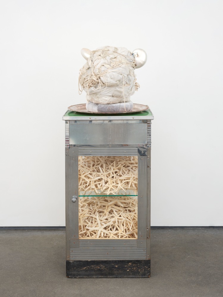 Terry Adkins 
Prophet, 2010
Nautilus shells, silk parachute, rope, tape, plaster memory jug, silver tray, cabinet, and starfish
58 x 19 x 19 in. (147.3 x 48.3 x 48.3 cm)