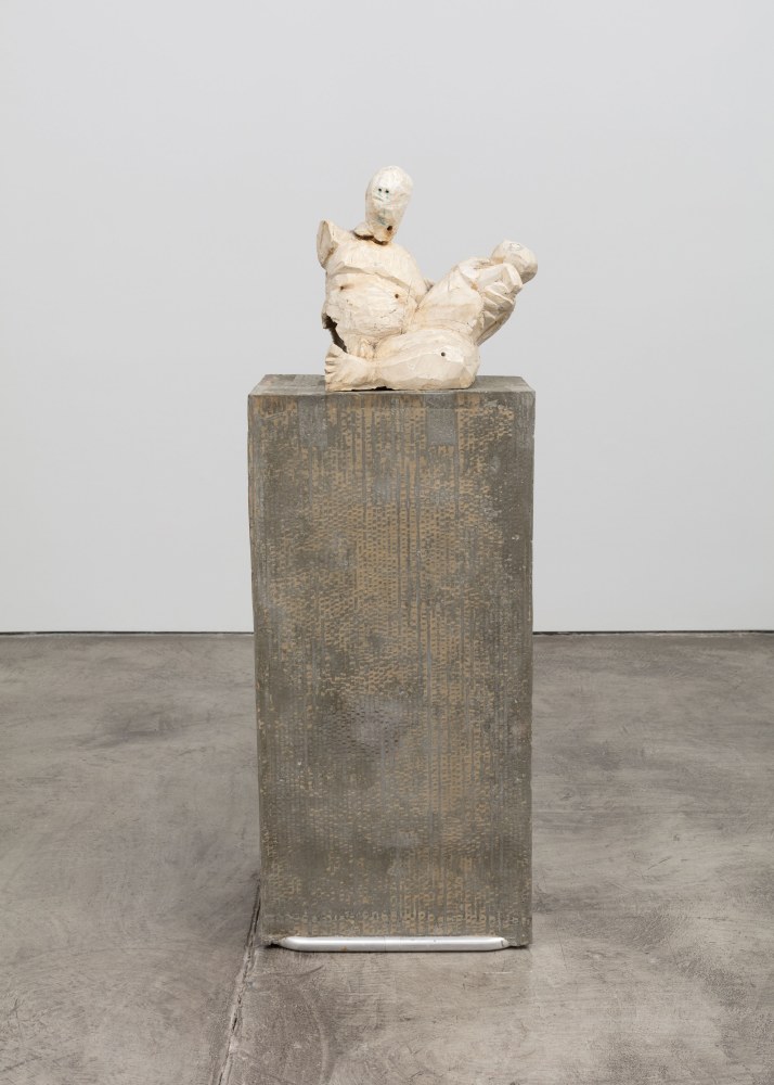 Justin Matherly
Untitled (Fear, Anxiety and Joy), 2016
Modified gypsum, spray paint, epoxy, concrete, ambulatory equipment, cigarettes
figure: 15 x 16 x 13 in. (38.1 x 40.6 x 33 cm); base: 39 1/4 x 19 1/4 x 16 1/2 in. (99.7 x 48.9 x 41.9 cm); sculpture: 54 1/2 x 55 1/4 x 29 1/2 in. (138.4 x 140.3 x 74.9 cm)