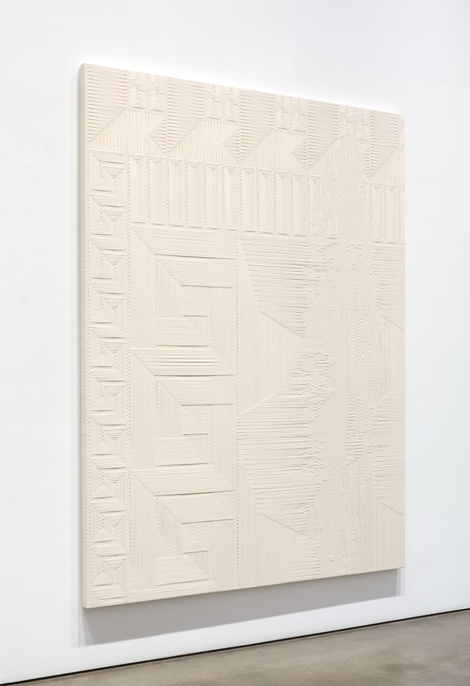 Tauba Auerbach
Chiral Fret (Meander)/Extrusion/Ghost, 2015
woven canvas on wooden stretcher
80 x 60 in. (203.2 x 152.4 cm)
 