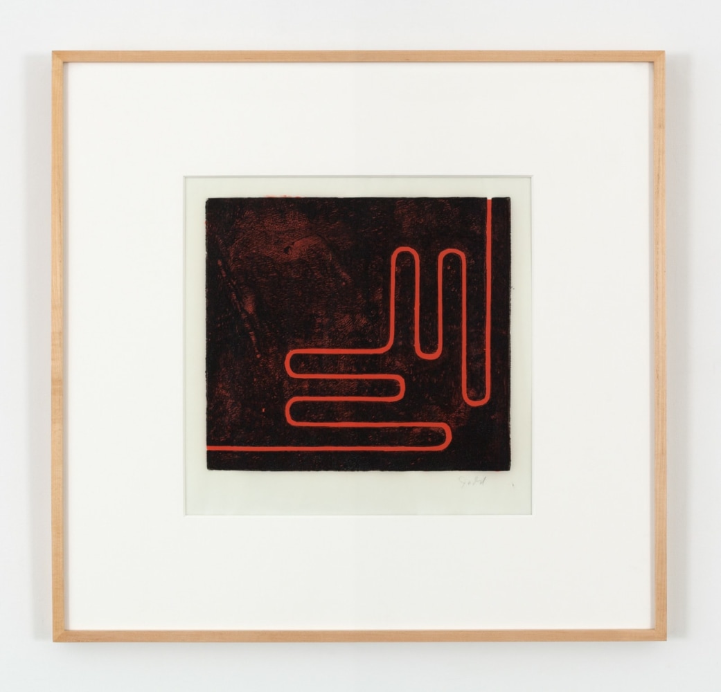 Donald Judd "Untitled" 1961-78 Woodcut in black with cadmium red oilpaint on the reverse on Frostlite vellum paper 20 5/8" x 25 1/16"