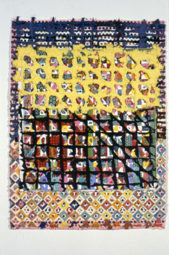 Alan Shields &quot;Who Said We Can't Do That?&quot; 1985-87 Watercolor, block printing, thread, relief on handmade paper 40&quot; x 30&quot;