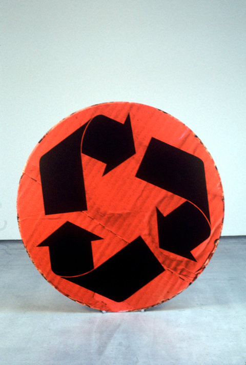 Kelley Walker "Untitled" 2003 Laser cut steel, digital image (scanned cardboard) with aluminum stand 57 1/2 in. diameter