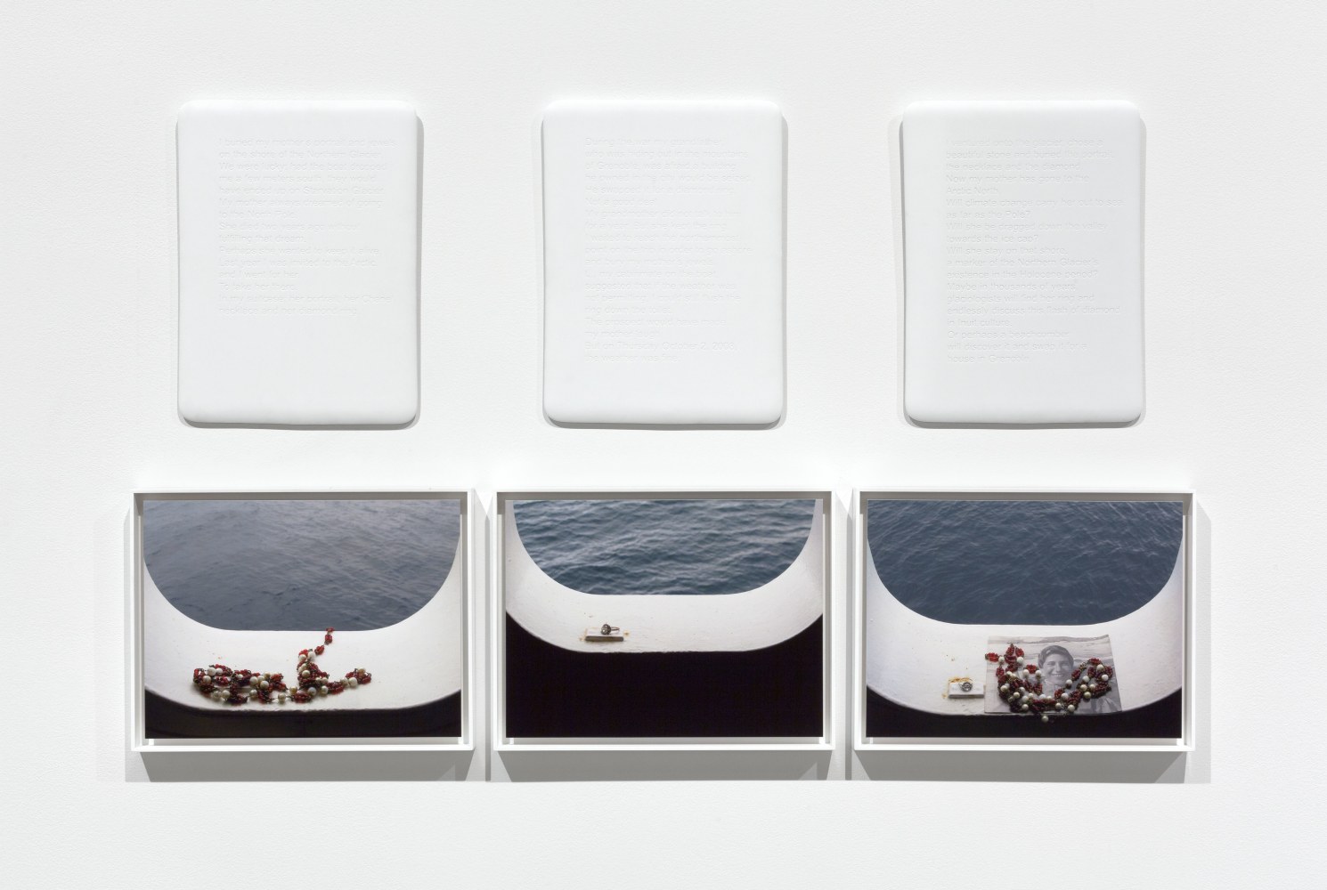 Sophie Calle
North Pole / Pôle nord, 2009
1 Duratrans light box, 3 sandblasted porcelain plaques, video, screen, 7 framed color photographs
7 ft. 3 in. x 16 ft. 3 in. (2 m 21 cm x 4 m 95.3 cm) to 7 ft. 3 in. x  26 ft. 3 in. (2 m 21 cm x 8 m) overall, depending on installation
light box: 49 1/4 x 65  x 3 1/2 in. (125 x 165 x 9 cm)
5 framed photographs: 11 13/16 x 15 3/4 in. (30 x 40 cm)
2 framed photographs: 23 5/8 x 31 1/2 in. (60 x 80 cm)
Monitor Samsung 22" 5000 series
Edition 2 of 5 (English)
Edition of 5 English + 1 AP, Edition of 5 French + 1 AP
