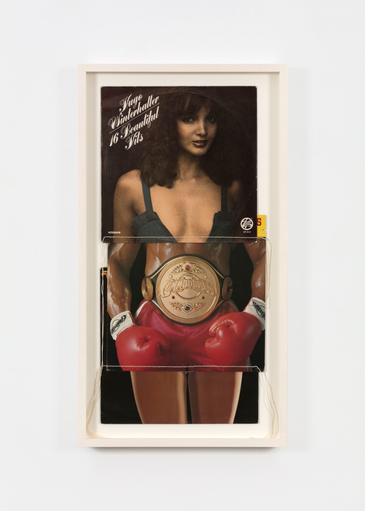 Christian Marclay, Hits (from the series 'Body Mix'), 1991, three record covers and cotton thread, image: 26 1/2 x 13 in. (67.3 x 33 cm), frame: 29 3/4 x 16 1/4 x 2 in. (75.6 x 41.3 x 5.1 cm)