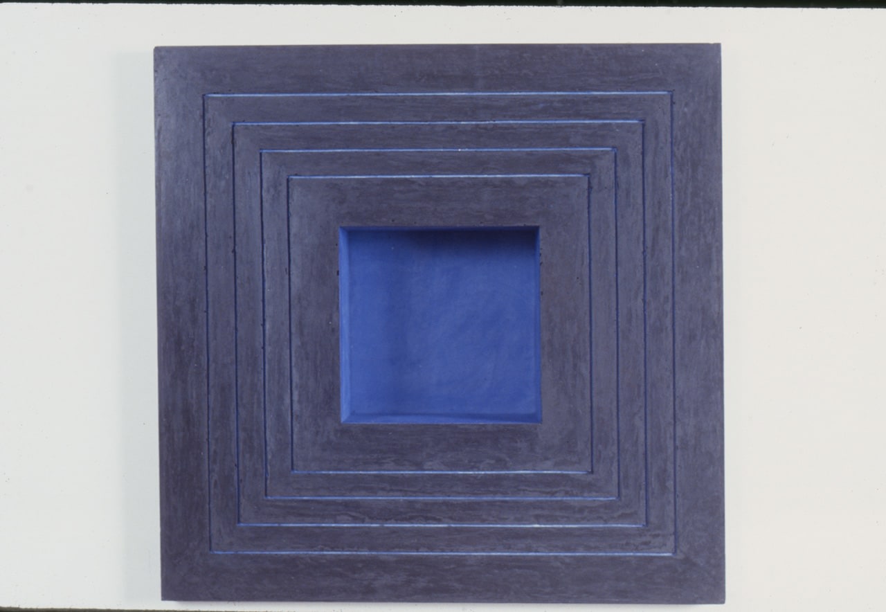 Jackie Winsor &quot;Black Inset Wall Piece, 4 Blue Lines with Blue Interior&quot; 1992 Acrylic altered cement and powdered pigment 17&quot; x 17&quot; x 3 7/8&quot;