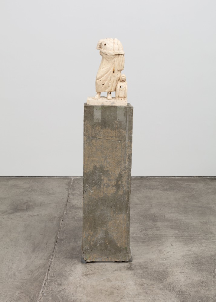 Justin Matherly Untitled (Fear, Anxiety and Joy), 2016 Modified gypsum, acrylic paint, aluminum powder, concrete, ambulatory equipment figure: 16 1/2 x 10 1/4 x 5 in. (41.9 x 26 x 12.7 cm); base: 41 3/4 x 13 1/2 x 13 in. (106 x 34.3 x 33 cm); sculpture: 58 1/4 x 23 3/4 x 18 in. (148 x 60.3 x 45.7 cm)