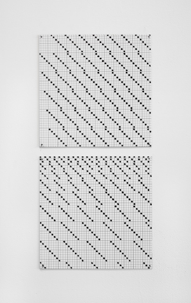 Jennifer Bartlett Untitled (diagonals), circa 1971-1973 enamel over silkscreen grid on baked enamel, 2 steel plates overall: 25 x 12 in. (63.5 x 30.5 cm) each: 12 x 12 in. (30.5 x 30.5 cm)