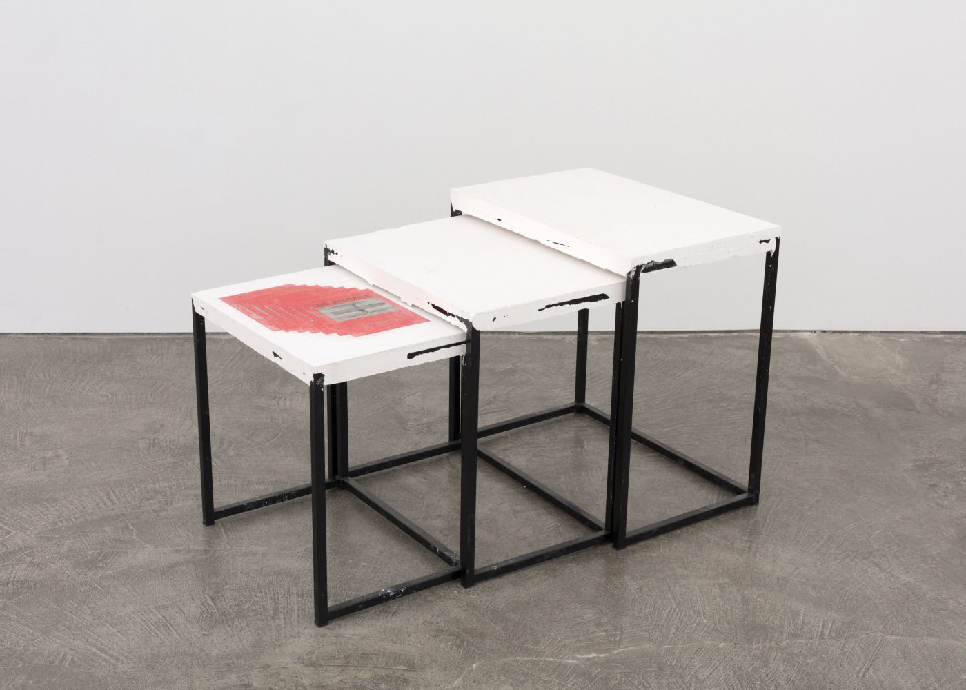 Matias Faldbakken Nesting Tables (The Errand), 2016 nesting tables, synthetic plaster, steel wire, Lascaux UV-glue, 7 prints on newsprint 23 3/8 x 23 5/8 x 39 3/8 in. (59.4 x 60 x 100 cm)