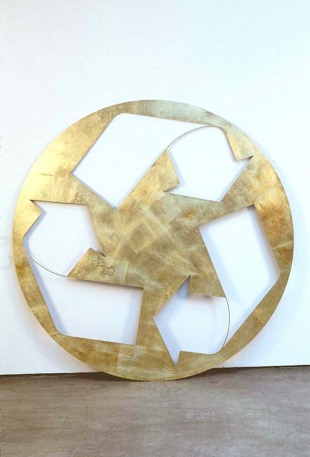 Kelley Walker "Untitled" 2003 Laser cut steel and gold leaf with aluminum stand 57 1/2 in. diameter
