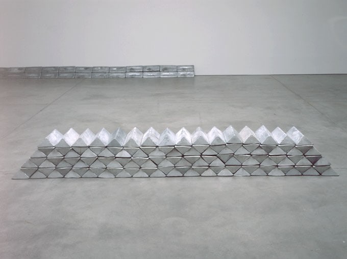 Carl Andre "Albarada" 2002 121 aluminum ingots 1'6" x 11'7" x 1'5 3/4" overall