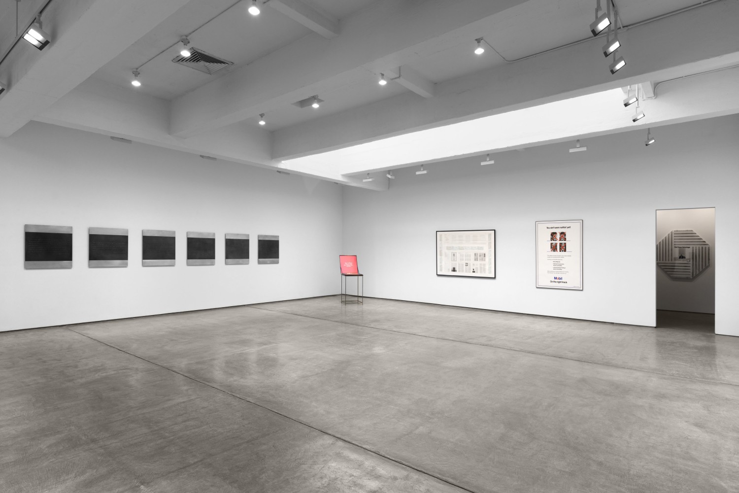 Installation view, Hans Haacke: Taking Stock, 1975-1985, Paula Cooper Gallery, January 21 - February 25, 2023. Photo: Steven Probert