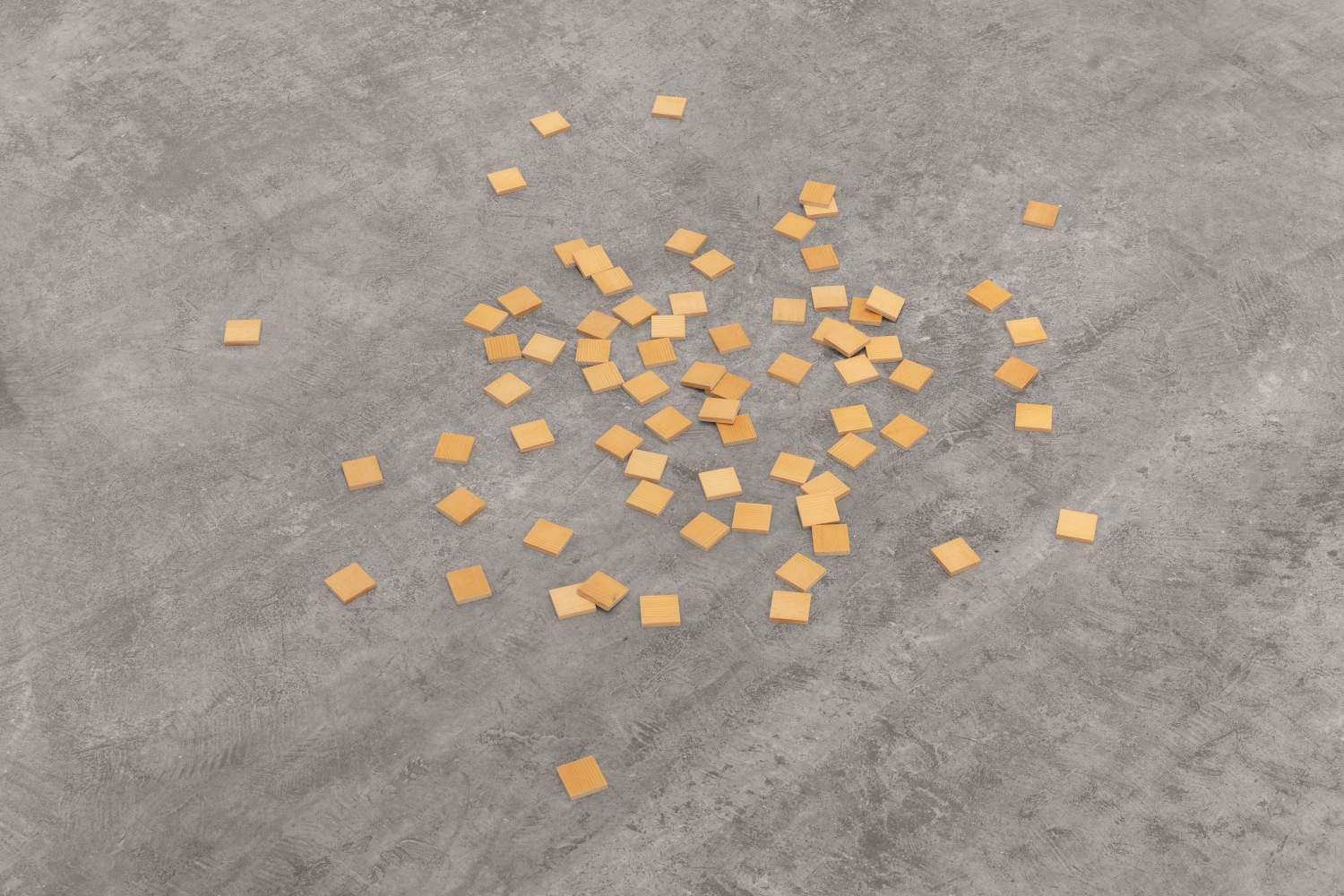 Carl Andre 75 Small Wood Square Scatter, 2009, 75 wood tiles each: 1/4 x 1 5/16 x 1 5/16 in. (.6 x 3.3 x 3.3 cm) overall dimensions variable
