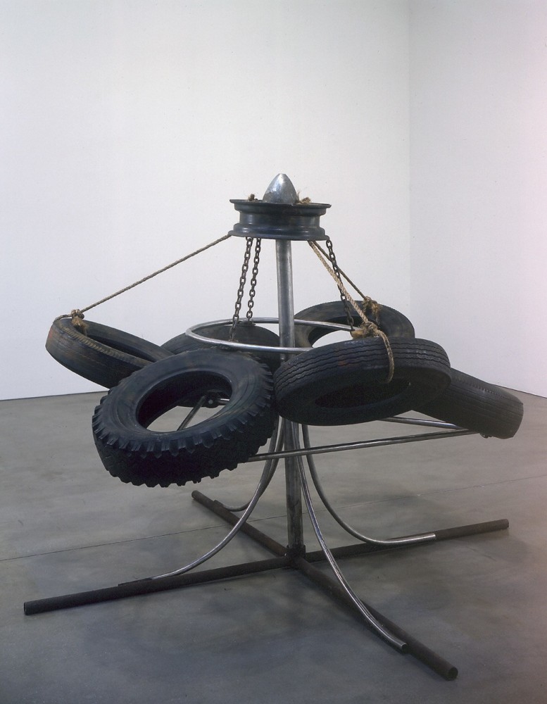 Mark Di Suvero &quot;Tripod Swing&quot; 1965 Rubber, steel, rope, and chain 64 x 86 x 86 in.