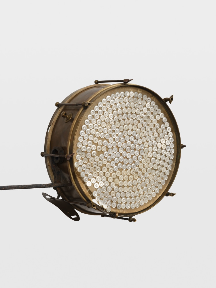 Terry Adkins Sermonesque (detail), 2003 Metal and drum with buttons 84 x 17 x 30 in. (213.4 x 43.2 x 76.2 cm)