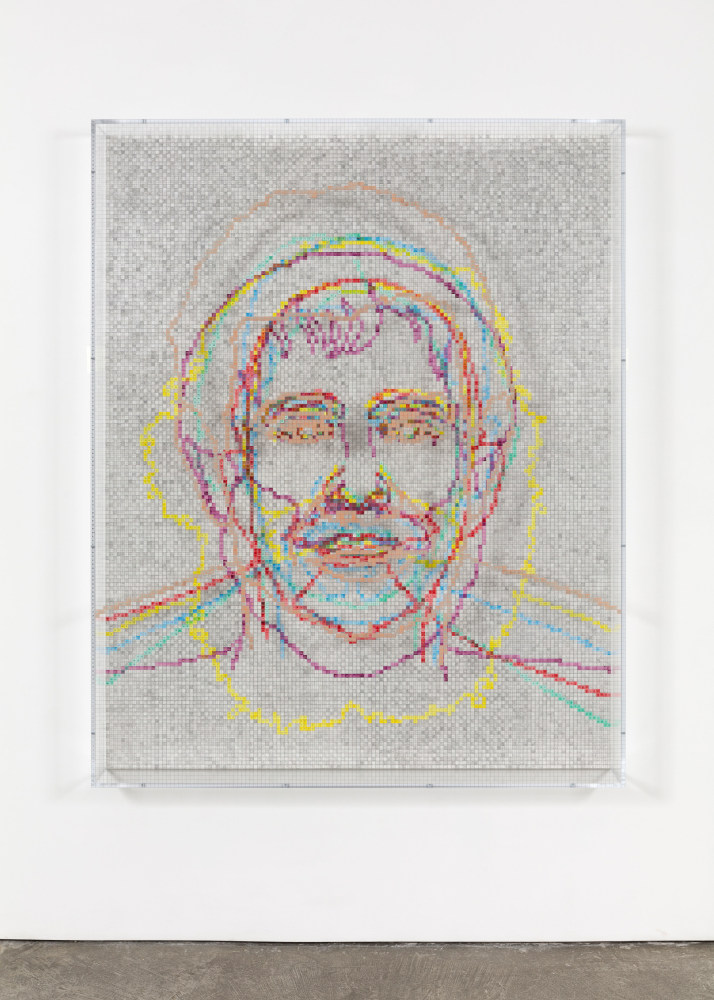 Charles Gaines Faces 1: Identity Politics, #6, Jacques Lacan, 2018 acrylic sheet, acrylic paint, lacquer, wood 74 x 59 1/8 x 5 3/4 in. (188 x 150.2 x 14.6 cm)