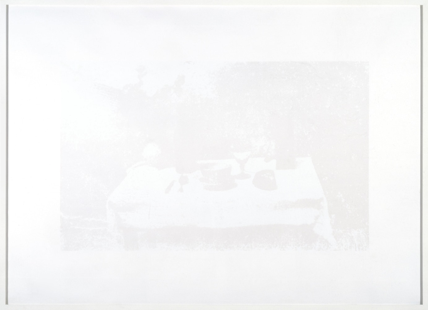 Sarah Charlesworth, Tabula Rasa, 1981. White on white silkscreen print, 66 1/2 x 92 1/2 inches. © The Estate of Sarah Charlesworth. Courtesy Paula Cooper Gallery, New York.