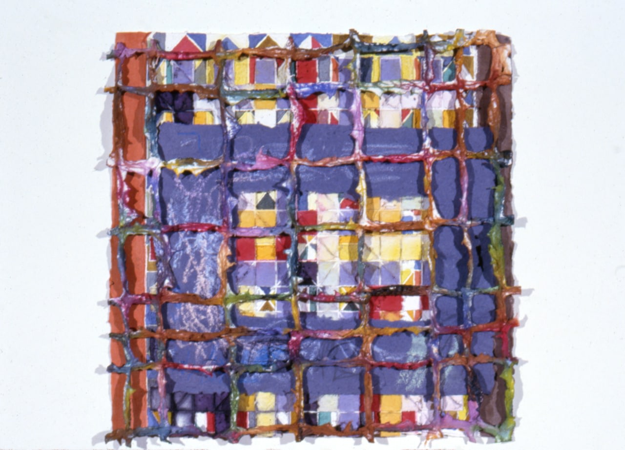 Alan Shields &quot;Chariot Chase&quot; 1986-87 Watercolor, thread, oil pastel, relief on handmade paper 24 1/4&quot; x 24 1/4&quot;