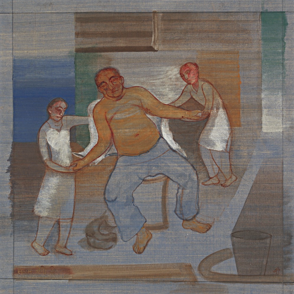 Nilima Sheikh
Salam Chechi 3 Preparing for Bath, 2007
Tempera on Saganer paper
11.8 x 11.8 inches / 30 x 30 cm