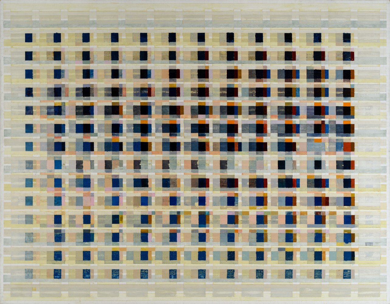 TANYA GOEL, field data (in dots per inch), 2016, ground glass and ceramic tiles, cement and oil on canvas, 213.3 x 274.3 cm / 84 x 108 in