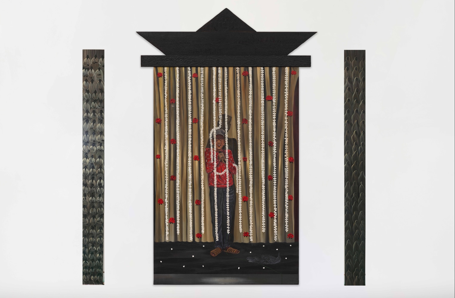 Ceremonial Speech III, 2024-25

Acrylic on linen | Acrylic and carving on wood

Centre Panel: 90.1 x 55.1 inches / 229 x 140 cm

Side panels: 78.7 x 7.4 inches / 200 x 18.7 cm each