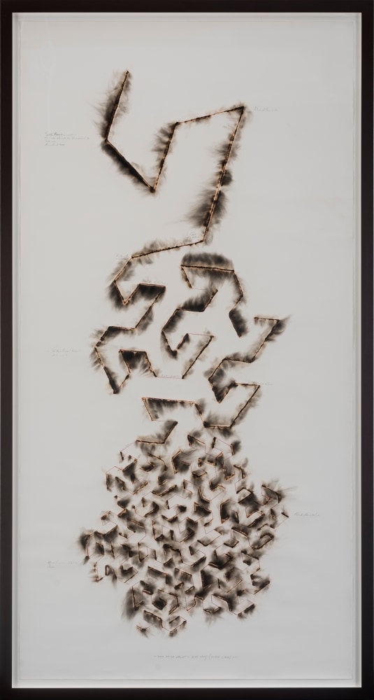 JITISH KALLAT  Wind Study (Gosper Curve), 2018, Burnt adhesive and graphite on Arches paper, work on paper, burnt, explosive, lines, graphite, black, white, framed, pencil markings