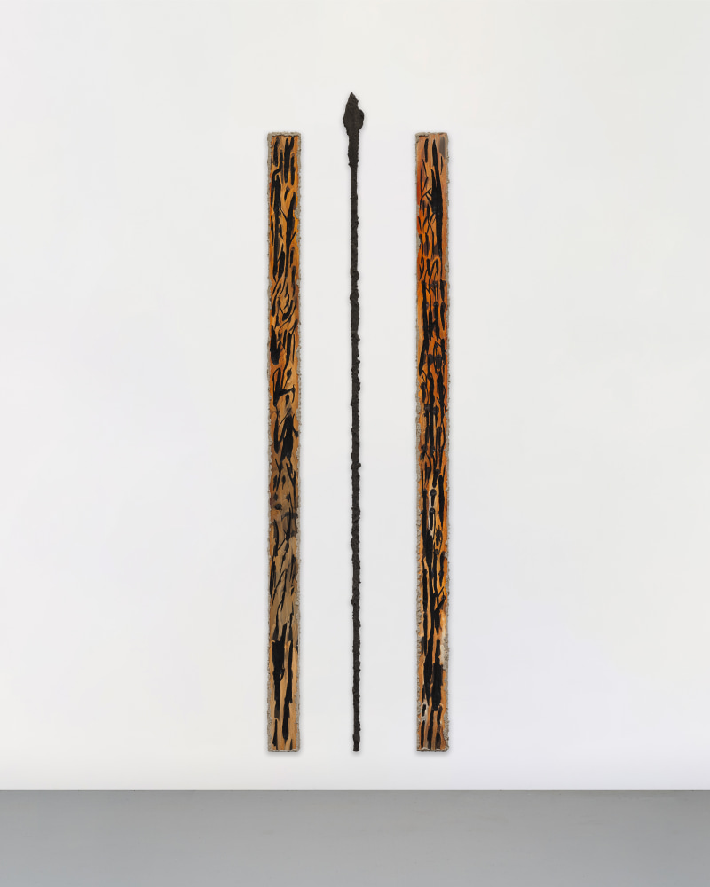 Rift, 2025
Acrylic, carving and casting powder on wood | Casting powder on iron
Wood panels: 74.8 x 3.5 inches / 190 x 8.8 cm each
Iron spear: 80 inches / 203 cm (height)