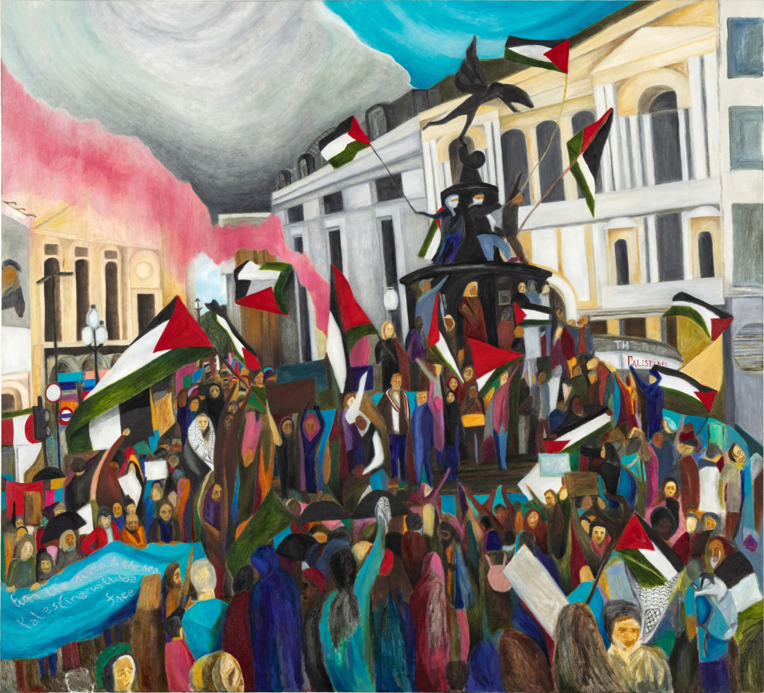 In our hundreds, in our millions, we are all Palestinians, 2024
Oil on canvas
66 x 60 inches / 167.6 x 152.4 cm