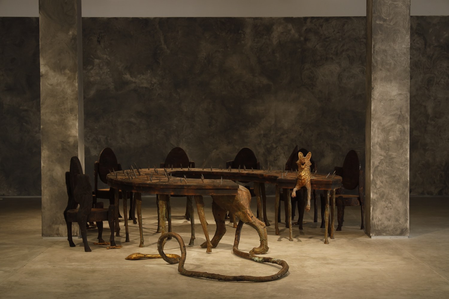 Fossils of Force (Dining Table with 7 Chairs)
Wood, iron, 24K gold foil, copper, steel and gunmetal