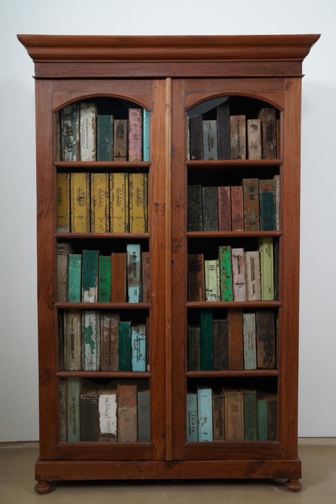 BENITHA PERCIYAL XENOPHORA (IV), 2018-19  Restored bookcase  Re-used Burma Teak and laser engraving