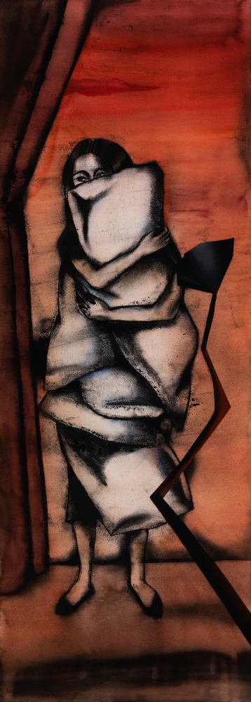 ANJU DODIYA  Pillow Bearer, 2020  Watercolour, charcoal and soft pastel on paper  51 x 22.8 in / 130 x 58 cm (framed dimensions)