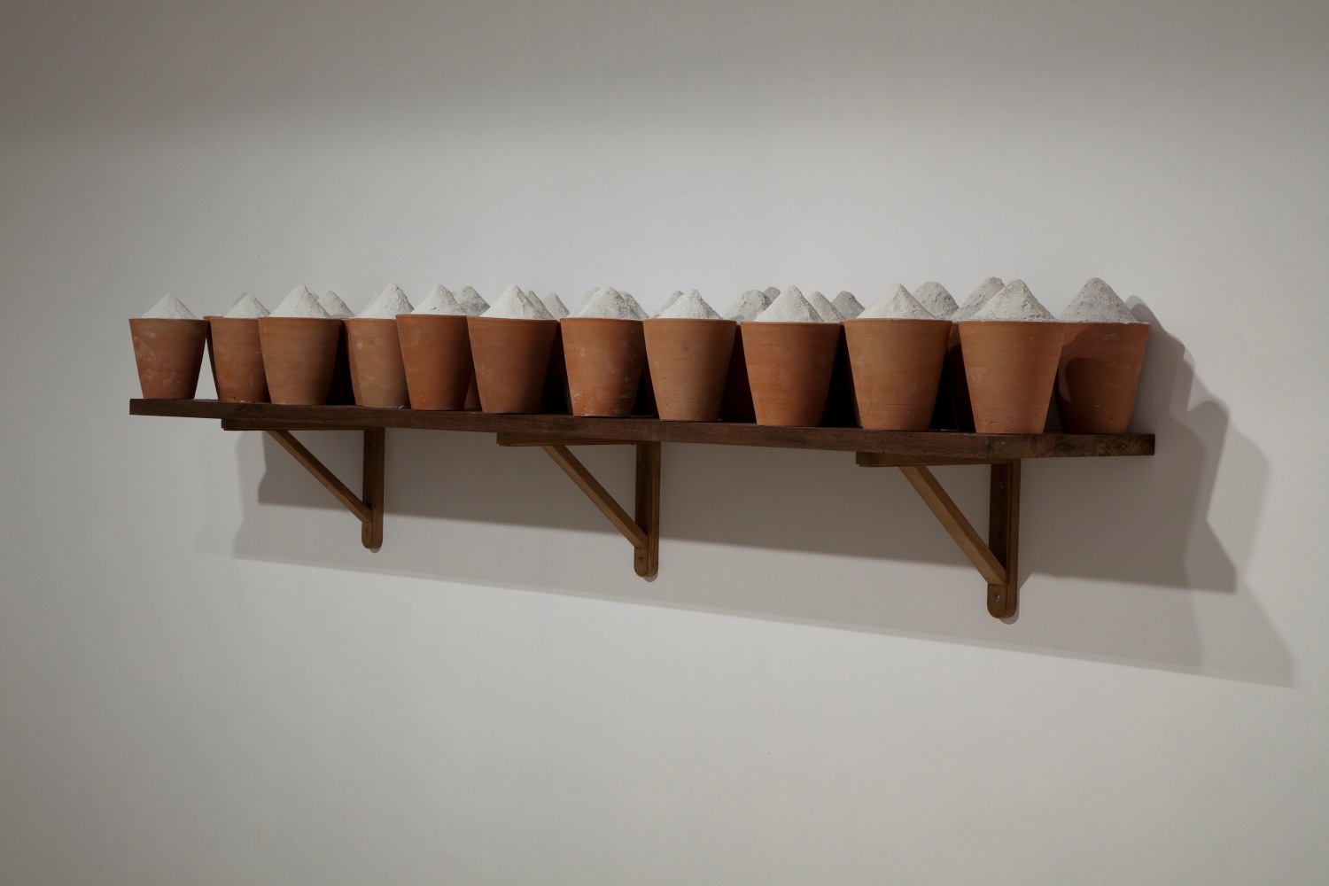 Vibhuti, 2011, Clay pots, white vibhuti and wood, 20 x 200 x 40 cm&amp;nbsp;