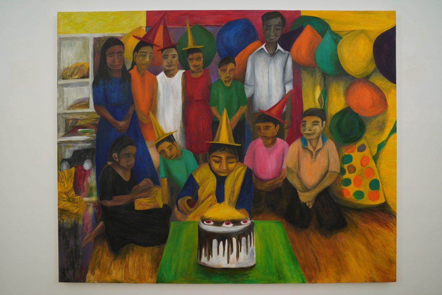 ABAN RAZA, Anamoy’s Birthday, 202, oil on canvas, people, birthday celebration, vibrant colours of yellow, red, cake, children