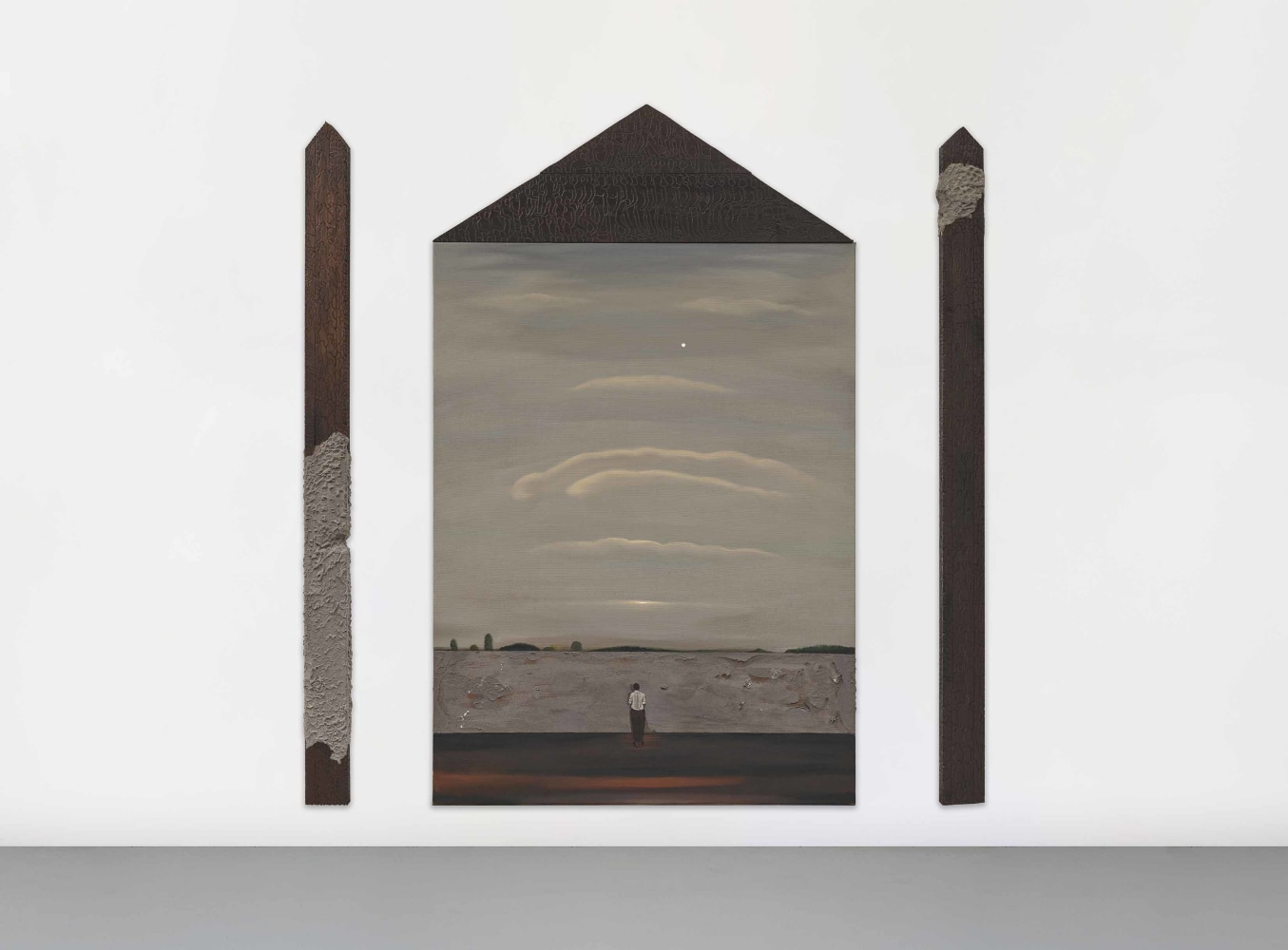 Man near the Wall, 2025
Acrylic, paper mache and casting powder on linen | Acrylic, casting powder and carving on wood
Centre Panel: 78.7 x 47.2 inches / 200 x 120 cm each
Side Panels: 75.5 x 4.7 inches / 192 x 12 cm each