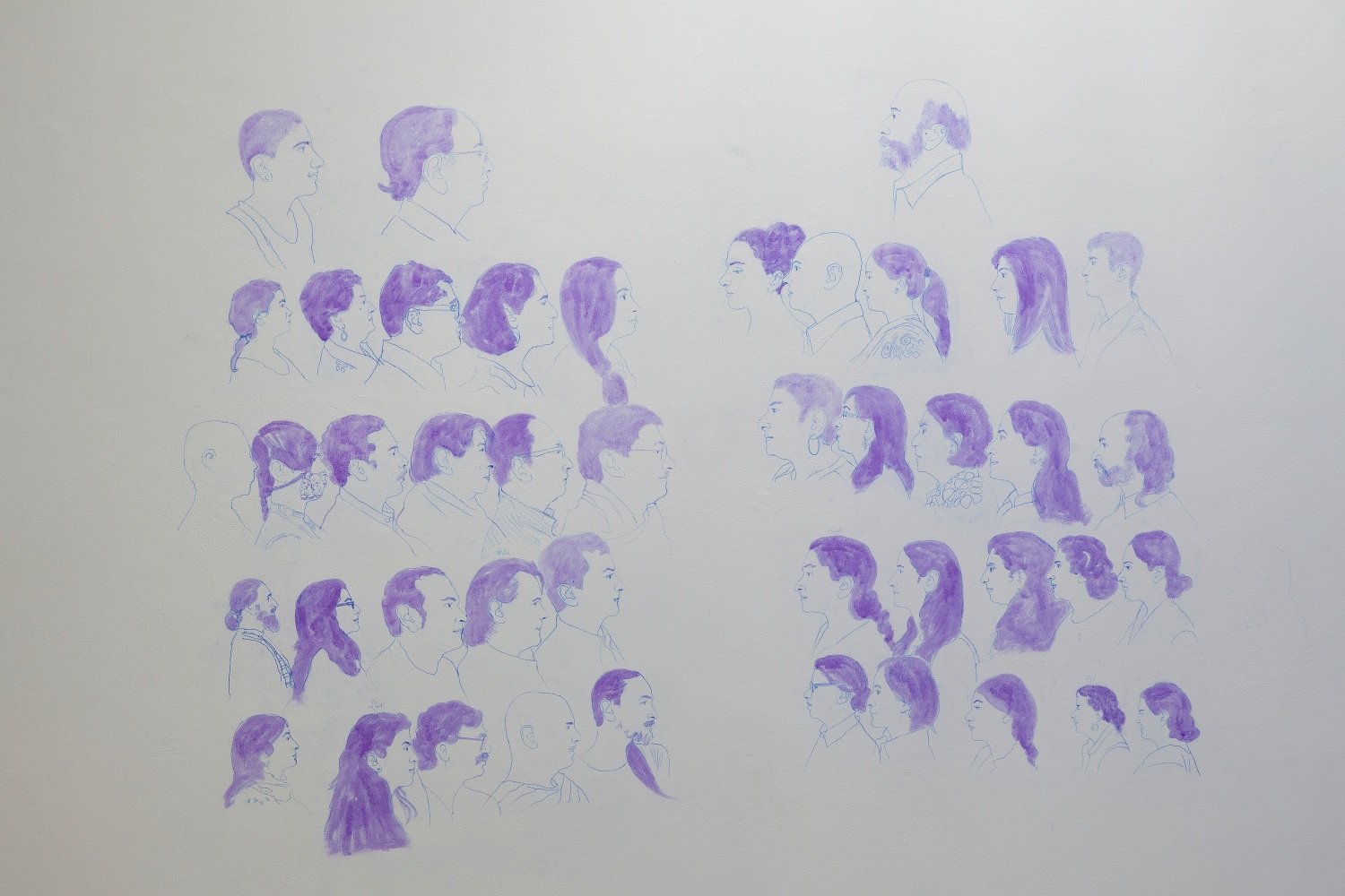 A panoply of artists, critics and other Arts-related people, 2008 2012, biro pen, saket stamp pad ink, distemper, dimensions variable